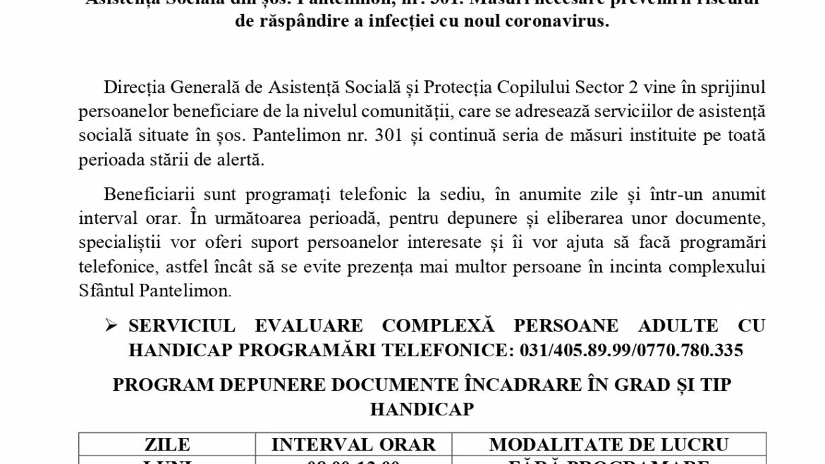 Programul de lucru cu publicul al serviciilor de specialitate din cadrul Direcției de Asistență Socială din șos. Pantelimon, nr. 301