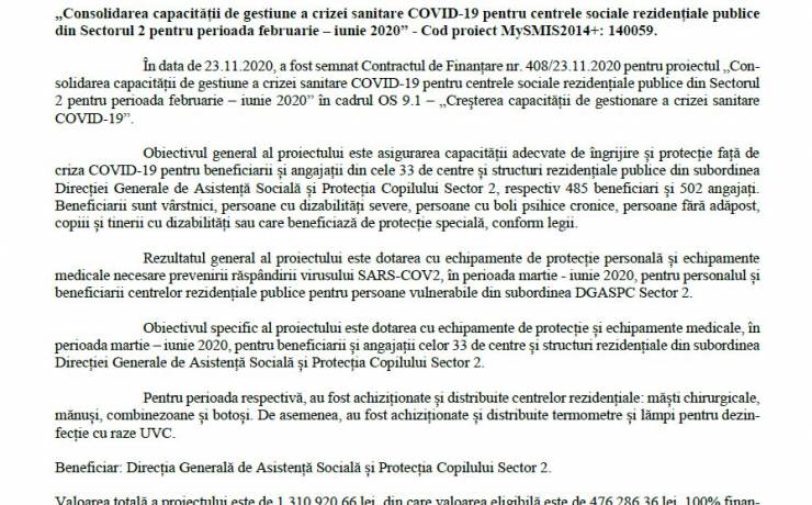 Consolidarea capacităţii de gestiune a crizei sanitare COVID-19 pentru centrele sociale rezidenţiale publice din Sectorul 2 pentru perioada februarie – iunie 2020