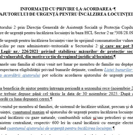 INFORMAȚII CU PRIVIRE LA ACORDAREA AJUTORULUI DE URGENȚĂ PENTRU ÎNCĂLZIREA LOCUINȚEI 2025-2026