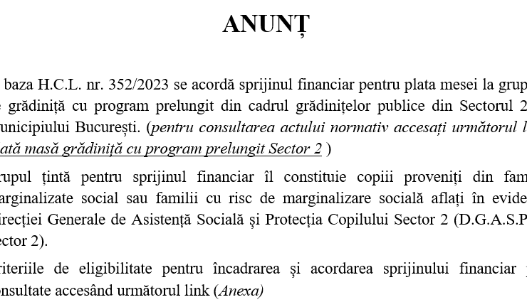 Anunț – „sprijin financiar pentru plata mesei la grupele de grădiniță cu program prelungit din cadrul grădinițelor publice Sector 2” – În baza H.C.L. nr. 352/2023