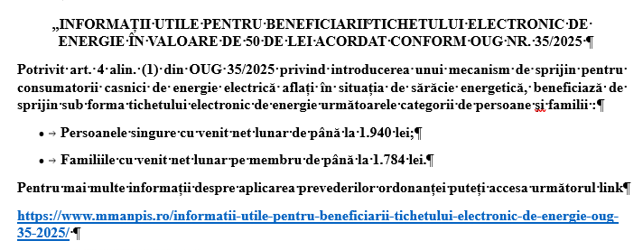 INFORMAȚII UTILE PENTRU BENEFICIARII TICHETULUI ELECTRONIC DE ENERGIE ÎN VALOARE DE 50 DE LEI ACORDAT CONFORM OUG NR. 35/2025